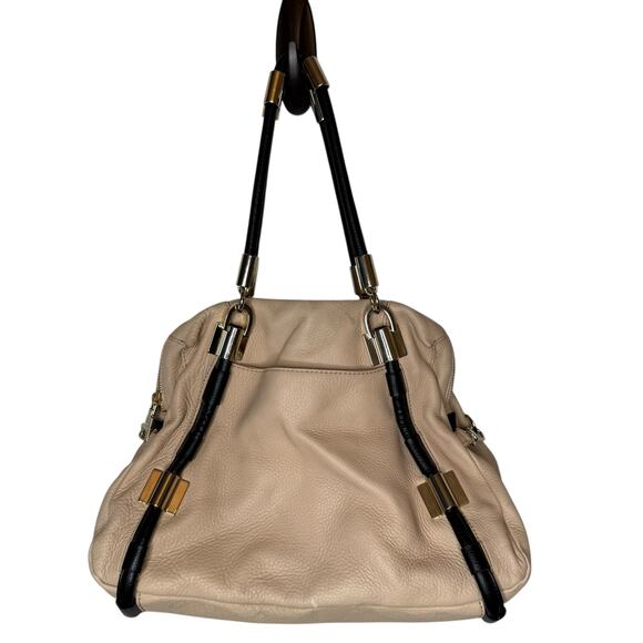 DKNY Vintage Leather Satchel Beige Black Bowler Bag Purse Handbag - Picture 5 of 11